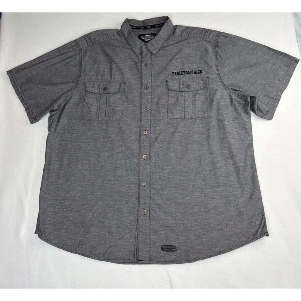 Harley-Davidson Men's Gray Linen Blend Button Shirt 3XL Short Sleeve Logo